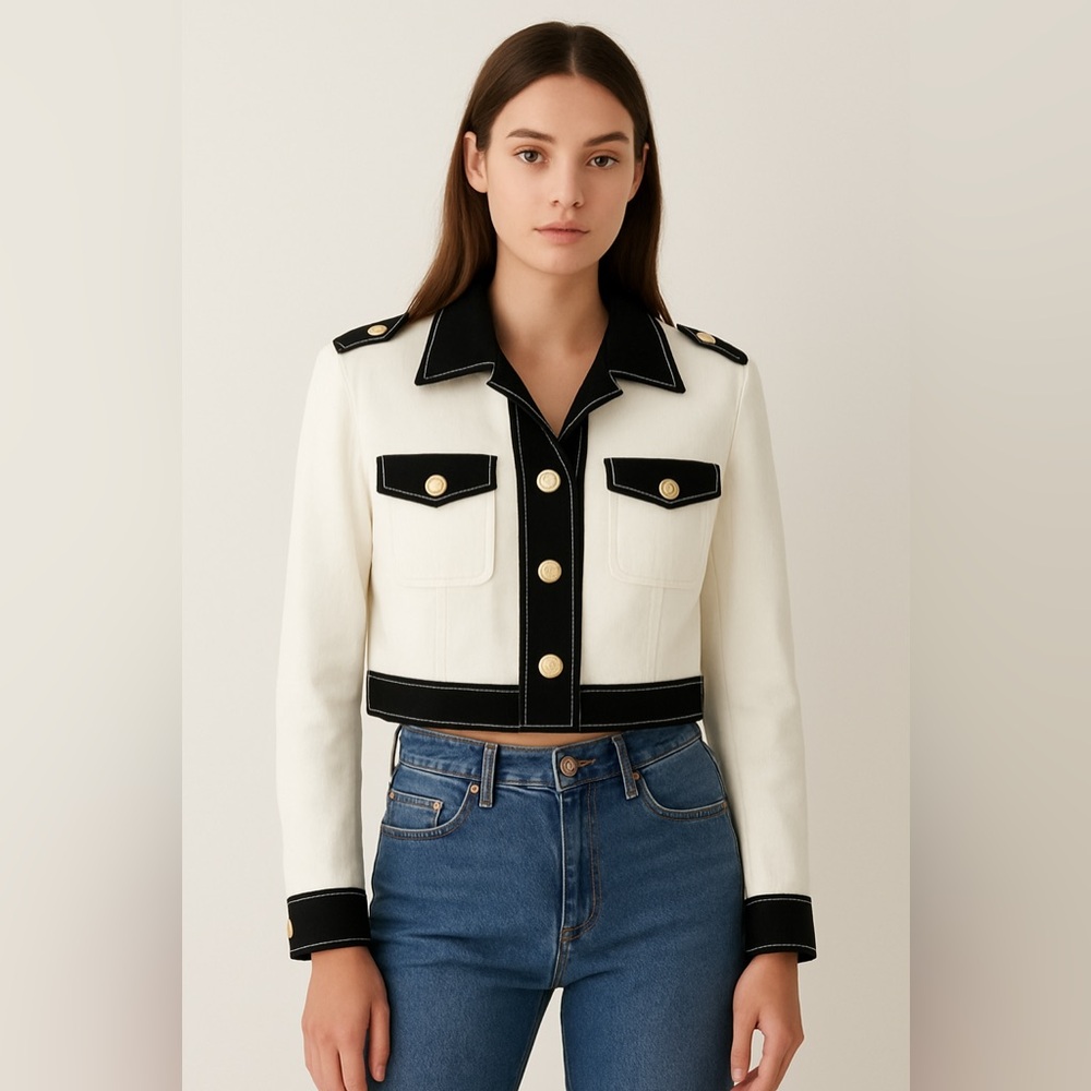 A.Z.I Cropped Jean Jacket - Off-White with Black Trim and Gold Buttons - L & XL